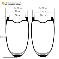 Wave Shape 700C 68x31mm Carbon Tubeless Hooked/Hookless/Tubular Road Bike Rim